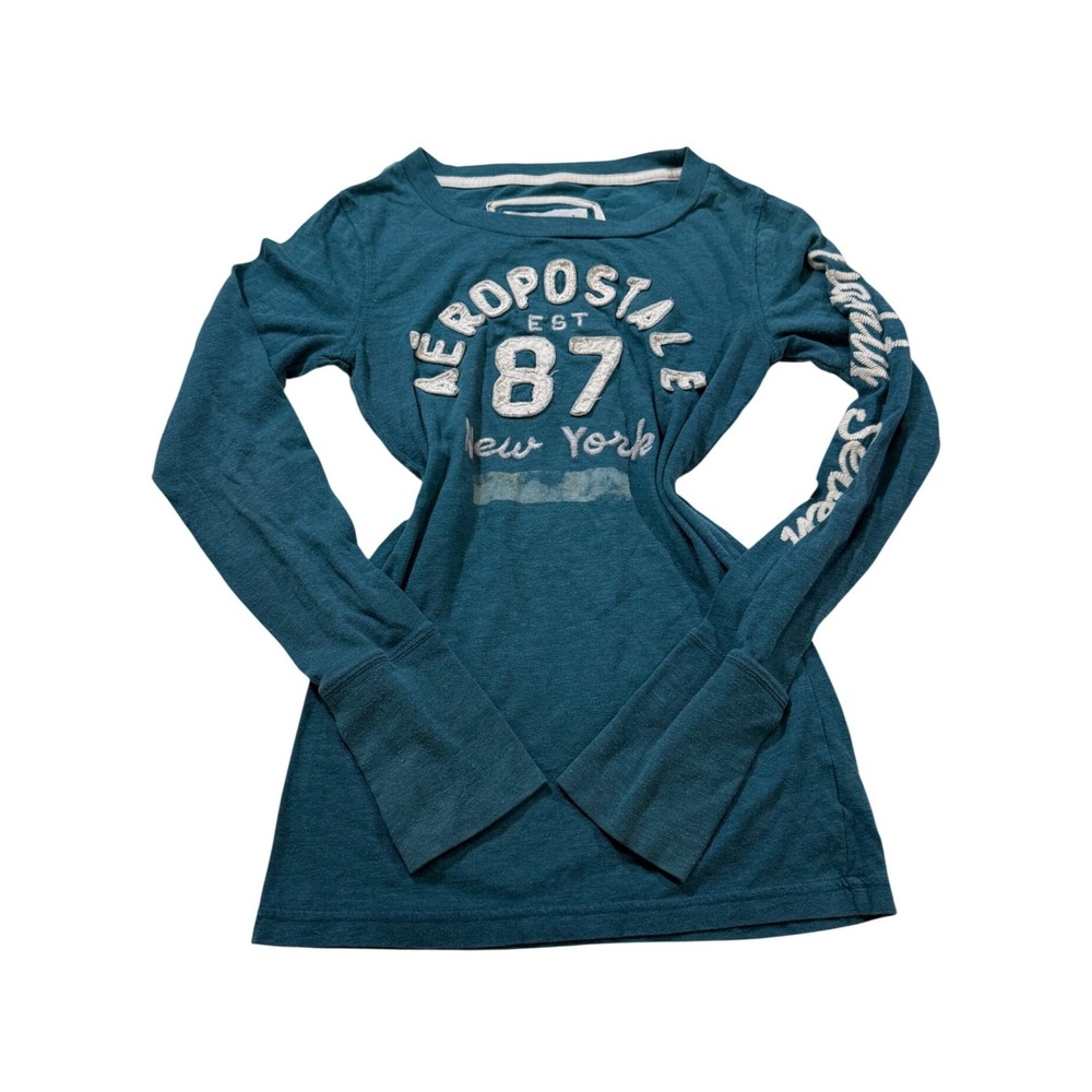 Aeropostale Y2K Graphic Long Sleeve Tee S Teal Blue New York Bella Swan 2000s